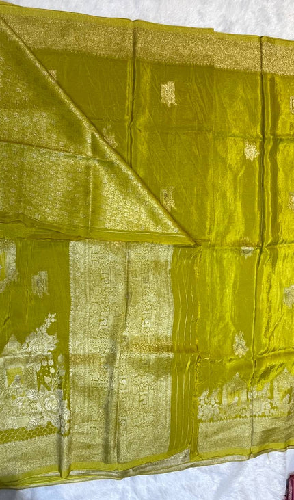 Parrot Green cage design Crepe Silk Saree With Silver Zari Border|DS3