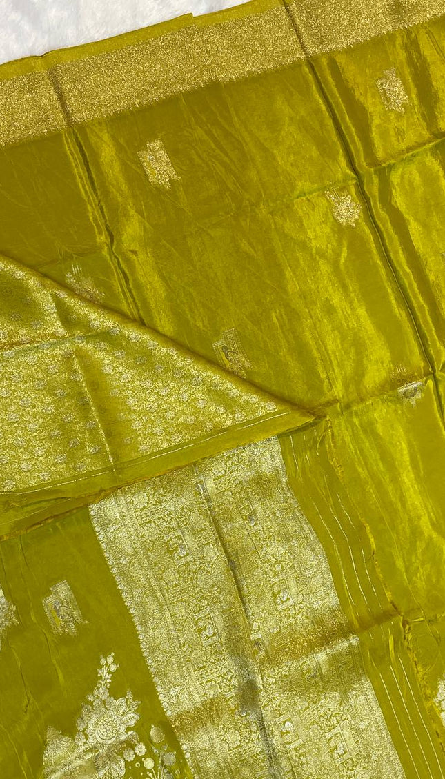 Parrot Green cage design Crepe Silk Saree With Silver Zari Border|DS3