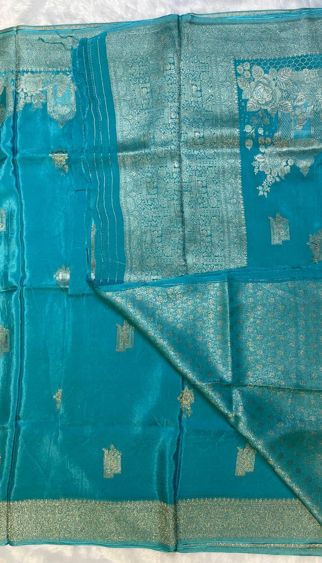 Blue cage design Crepe Silk Saree With Silver Zari Border |DS3