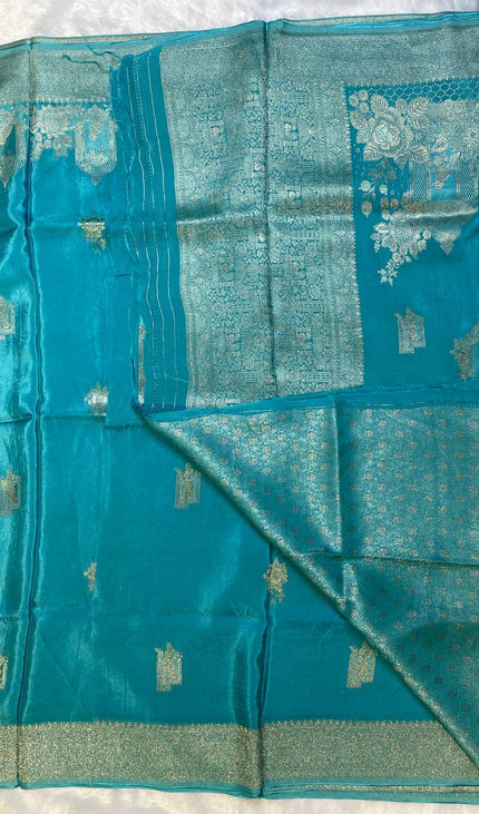 Blue cage design Crepe Silk Saree With Silver Zari Border |DS3