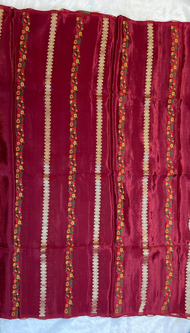 Wine Premium Crepe Silk Saree with Floral Woven Stripes & Gold Zari|DS4