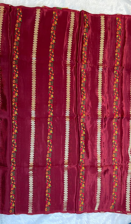 Wine Premium Crepe Silk Saree with Floral Woven Stripes & Gold Zari|DS4