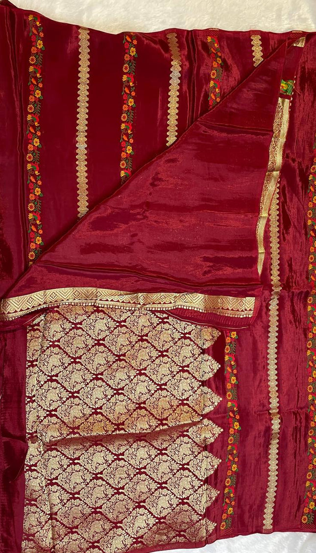 Wine Premium Crepe Silk Saree with Floral Woven Stripes & Gold Zari|DS4