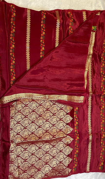 Wine Premium Crepe Silk Saree with Floral Woven Stripes & Gold Zari|DS4
