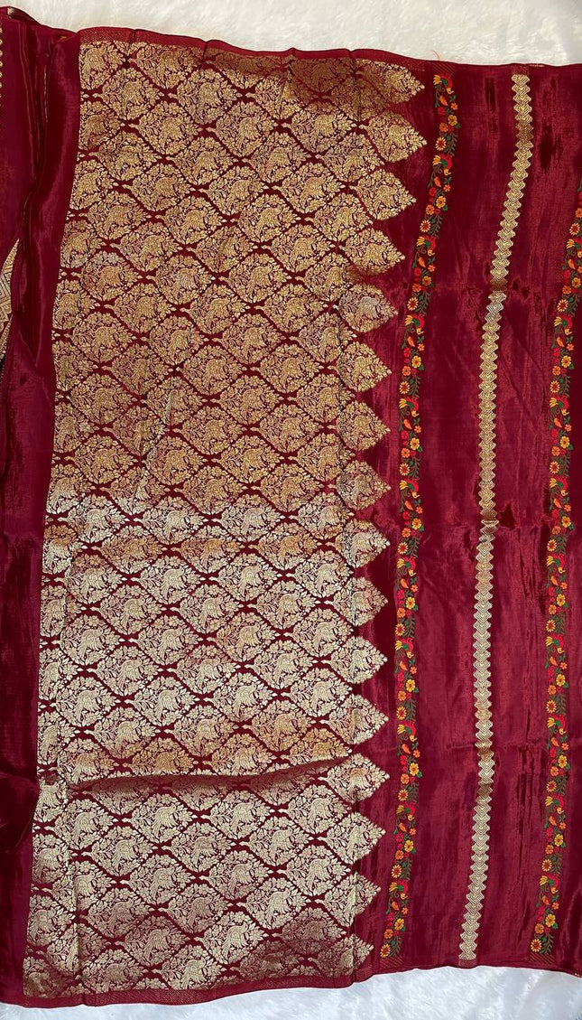 Wine Premium Crepe Silk Saree with Floral Woven Stripes & Gold Zari|DS4
