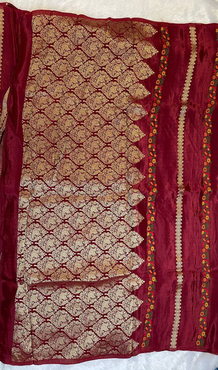 Wine Premium Crepe Silk Saree with Floral Woven Stripes & Gold Zari|DS4