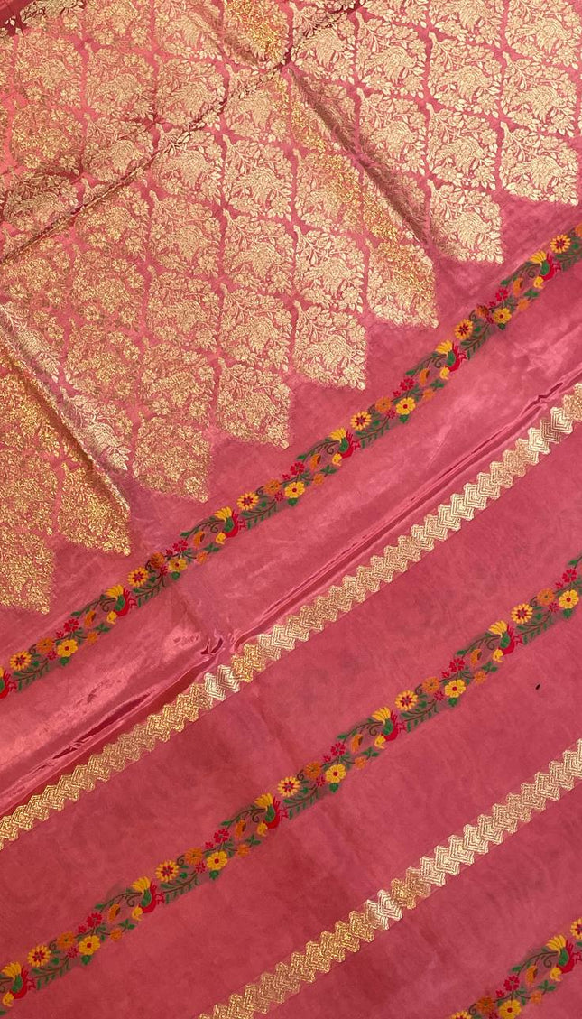 Peach Crepe Silk Saree with Floral Border & Gold Zari Detailing|DS4