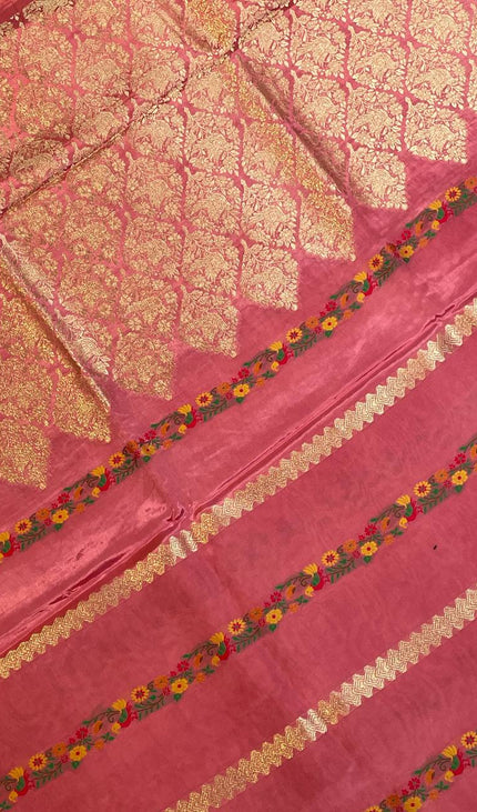 Peach Crepe Silk Saree with Floral Border & Gold Zari Detailing|DS4