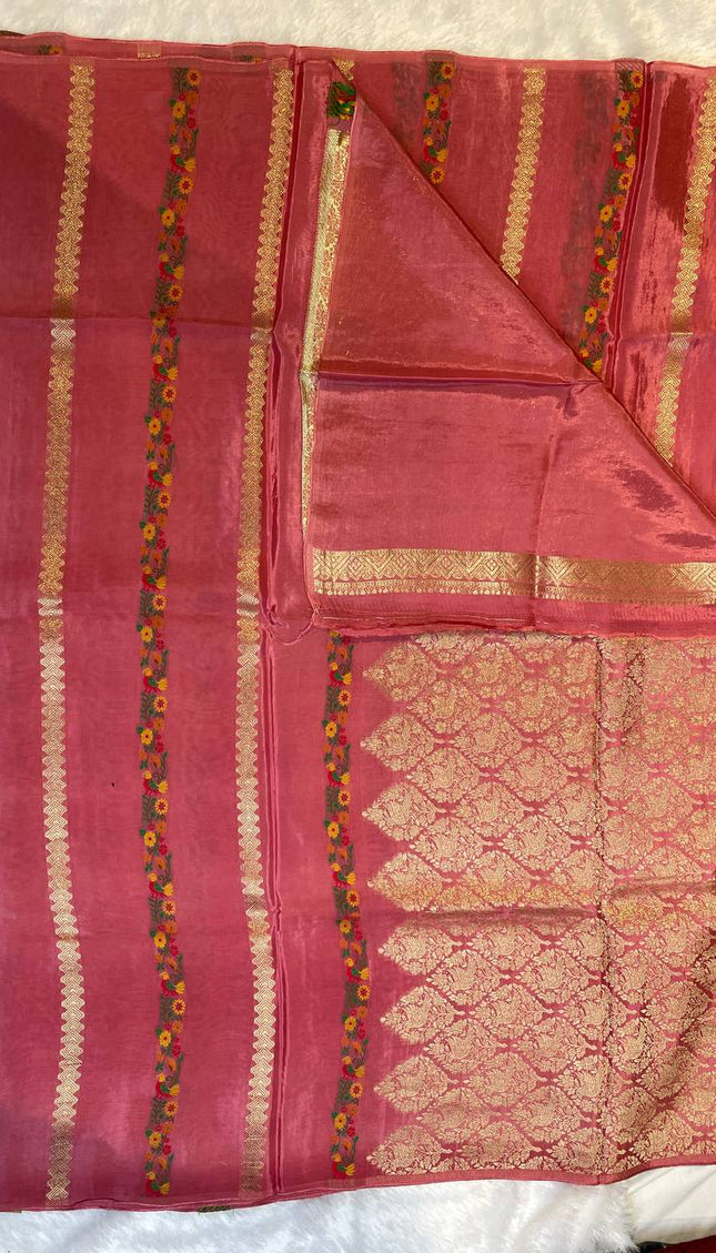 Peach Crepe Silk Saree with Floral Border & Gold Zari Detailing|DS4
