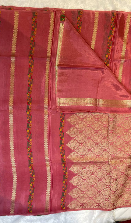 Peach Crepe Silk Saree with Floral Border & Gold Zari Detailing|DS4