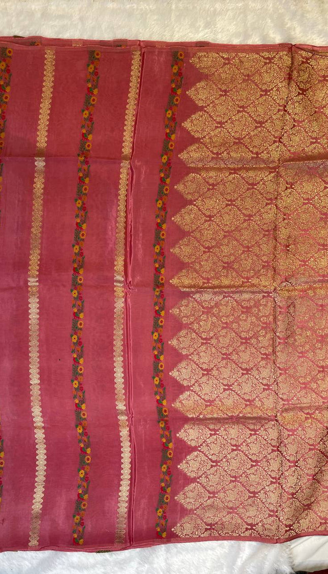 Peach Crepe Silk Saree with Floral Border & Gold Zari Detailing|DS4