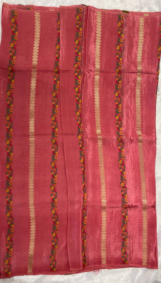 Peach Crepe Silk Saree with Floral Border & Gold Zari Detailing|DS4