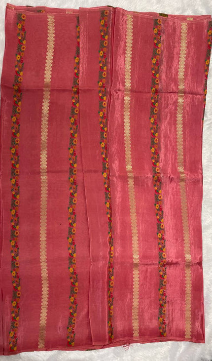 Peach Crepe Silk Saree with Floral Border & Gold Zari Detailing|DS4