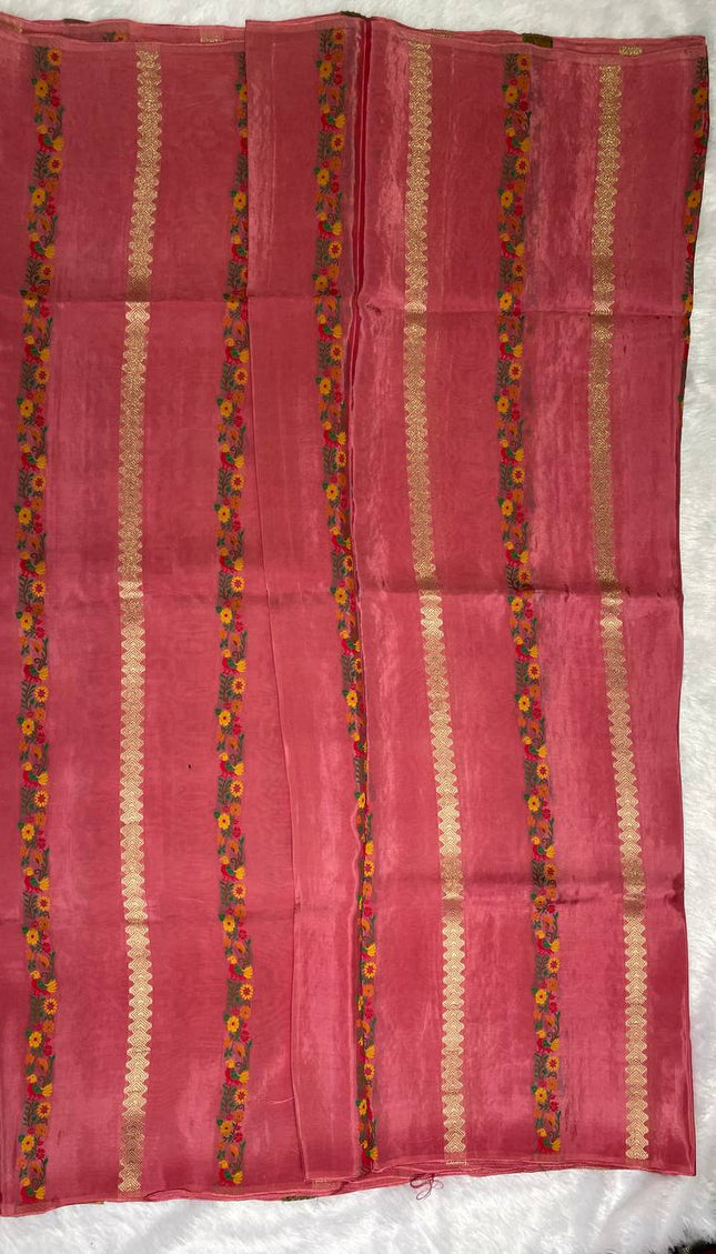 Peach Crepe Silk Saree with Floral Border & Gold Zari Detailing|DS4