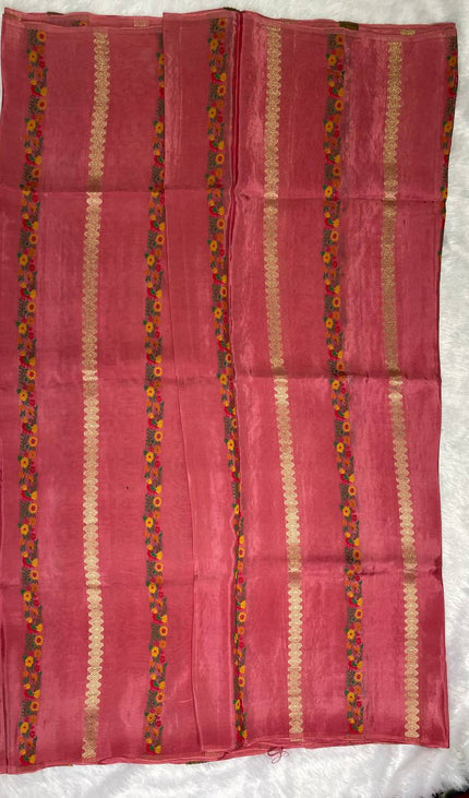 Peach Crepe Silk Saree with Floral Border & Gold Zari Detailing|DS4