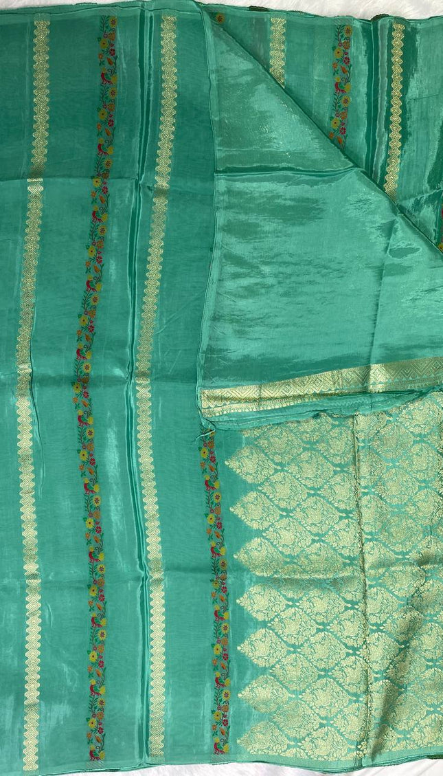 Teal Blue Premium Crepe Silk Saree with Floral Woven Stripes & Gold Zari|DS4