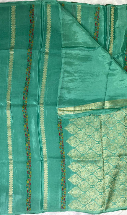 Teal Blue Premium Crepe Silk Saree with Floral Woven Stripes & Gold Zari|DS4