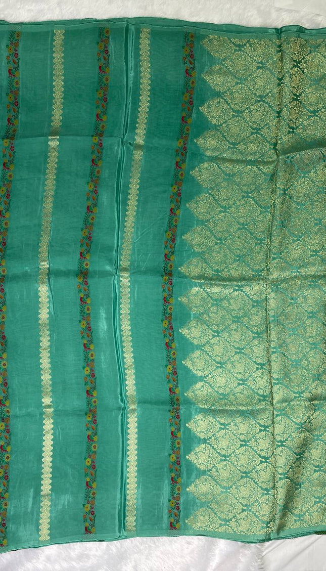 Teal Blue Premium Crepe Silk Saree with Floral Woven Stripes & Gold Zari|DS4