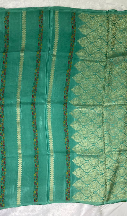 Teal Blue Premium Crepe Silk Saree with Floral Woven Stripes & Gold Zari|DS4
