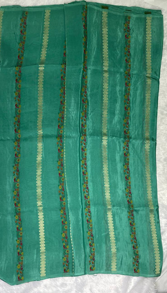 Teal Blue Premium Crepe Silk Saree with Floral Woven Stripes & Gold Zari|DS4