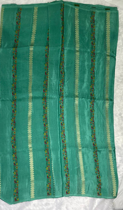 Teal Blue Premium Crepe Silk Saree with Floral Woven Stripes & Gold Zari|DS4