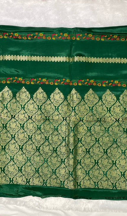 Bottle Green Premium Viscose Crepe Silk Saree with Floral Woven Border |DS4