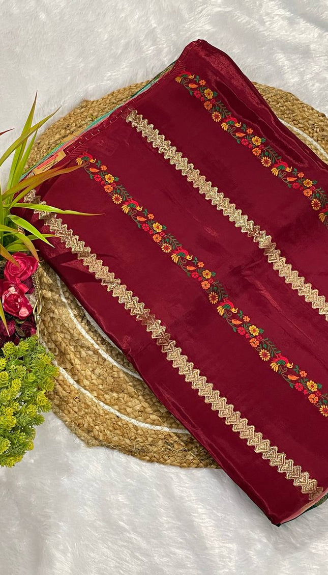 Wine Premium Crepe Silk Saree with Floral Woven Stripes & Gold Zari|DS4