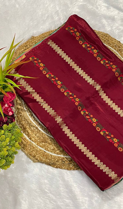 Wine Premium Crepe Silk Saree with Floral Woven Stripes & Gold Zari|DS4