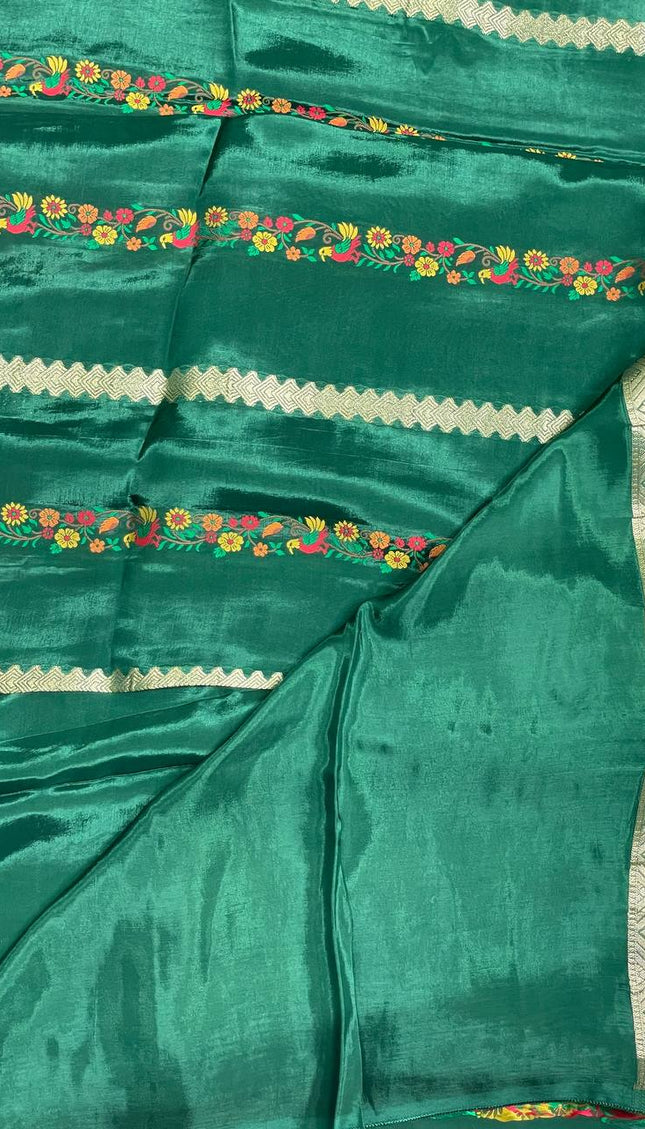 Bottle Green Premium Viscose Crepe Silk Saree with Floral Woven Border |DS4