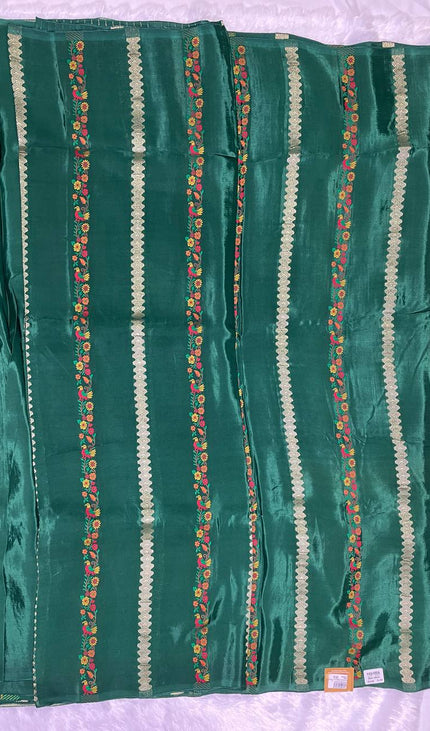 Bottle Green Premium Viscose Crepe Silk Saree with Floral Woven Border |DS4