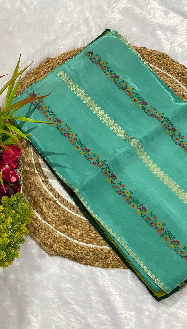 Teal Blue Premium Crepe Silk Saree with Floral Woven Stripes & Gold Zari|DS4