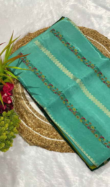 Teal Blue Premium Crepe Silk Saree with Floral Woven Stripes & Gold Zari|DS4