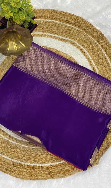 Royal Violet Viscose Chinon Saree with Designer Zari Border|DS6