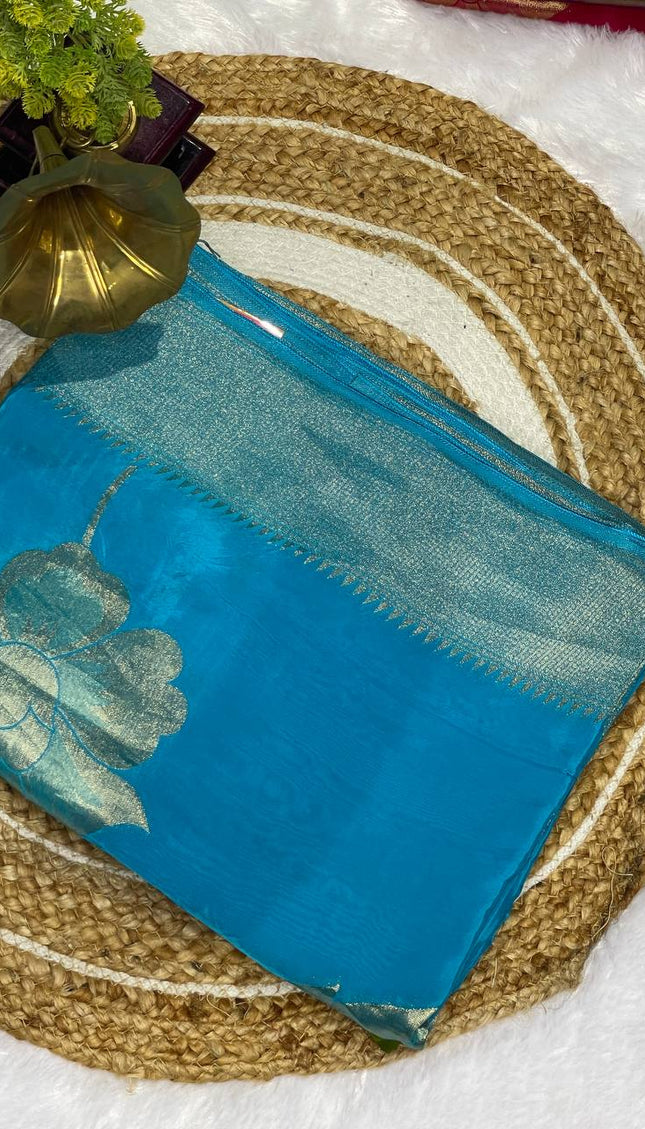 Sky Blue Viscose Chinon Saree with Woven Zari Border|DS6