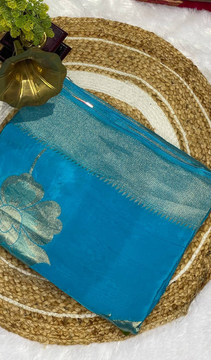 Sky Blue Viscose Chinon Saree with Woven Zari Border|DS6