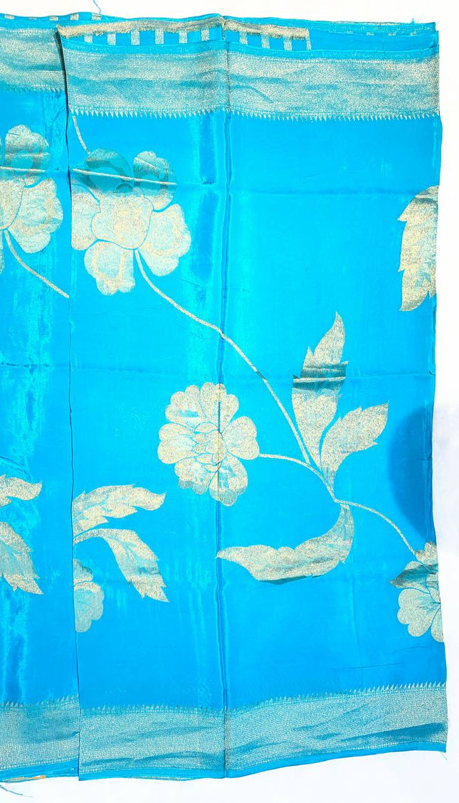 Sky Blue Viscose Chinon Saree with Woven Zari Border|DS6