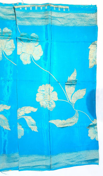 Sky Blue Viscose Chinon Saree with Woven Zari Border|DS6