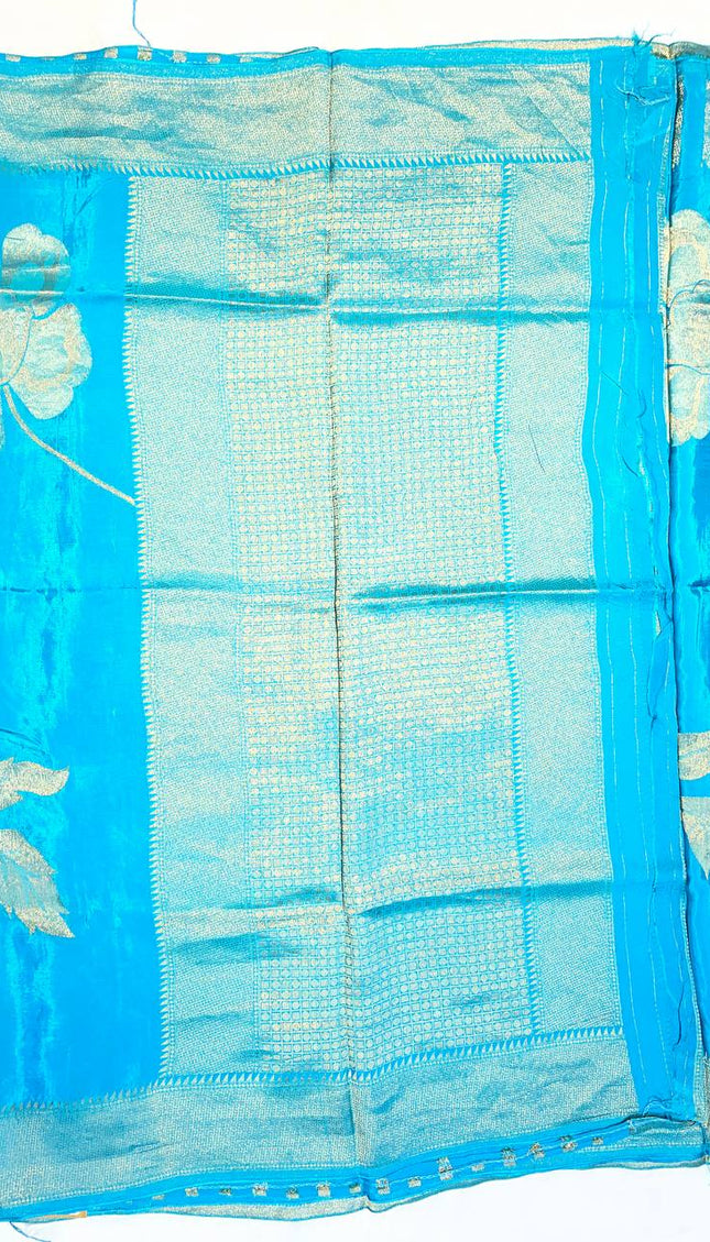 Sky Blue Viscose Chinon Saree with Woven Zari Border|DS6