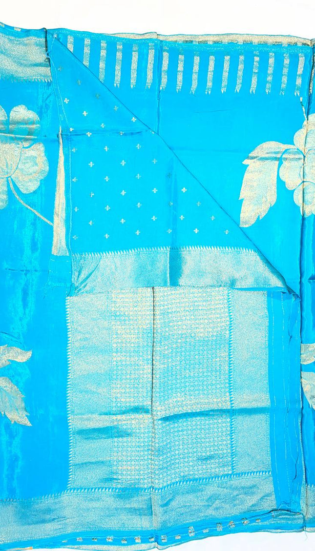 Sky Blue Viscose Chinon Saree with Woven Zari Border|DS6