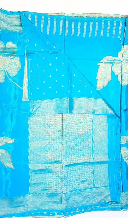 Sky Blue Viscose Chinon Saree with Woven Zari Border|DS6