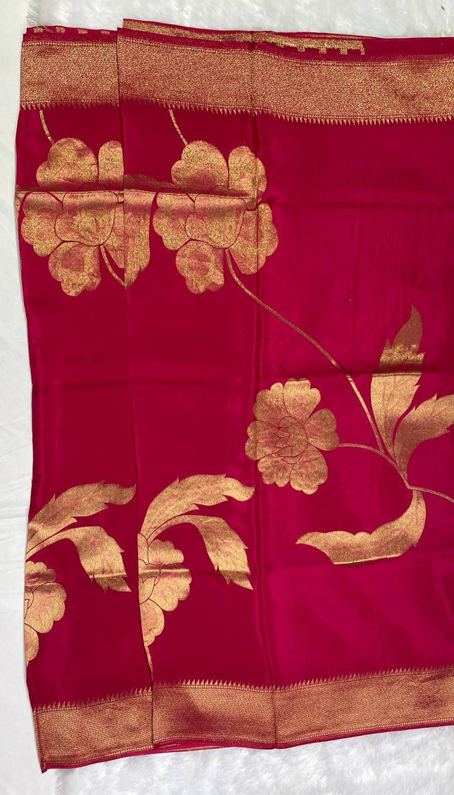 Classic Red Viscose Chinon Saree with Heavy Zari Pallu|DS6