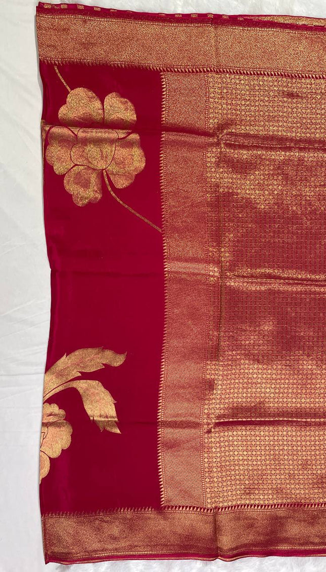 Classic Red Viscose Chinon Saree with Heavy Zari Pallu|DS6