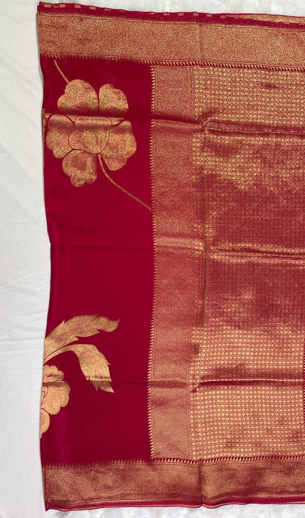 Classic Red Viscose Chinon Saree with Heavy Zari Pallu|DS6