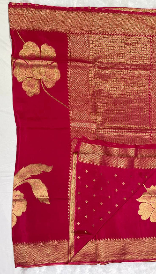Classic Red Viscose Chinon Saree with Heavy Zari Pallu|DS6