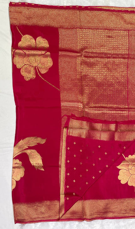 Classic Red Viscose Chinon Saree with Heavy Zari Pallu|DS6