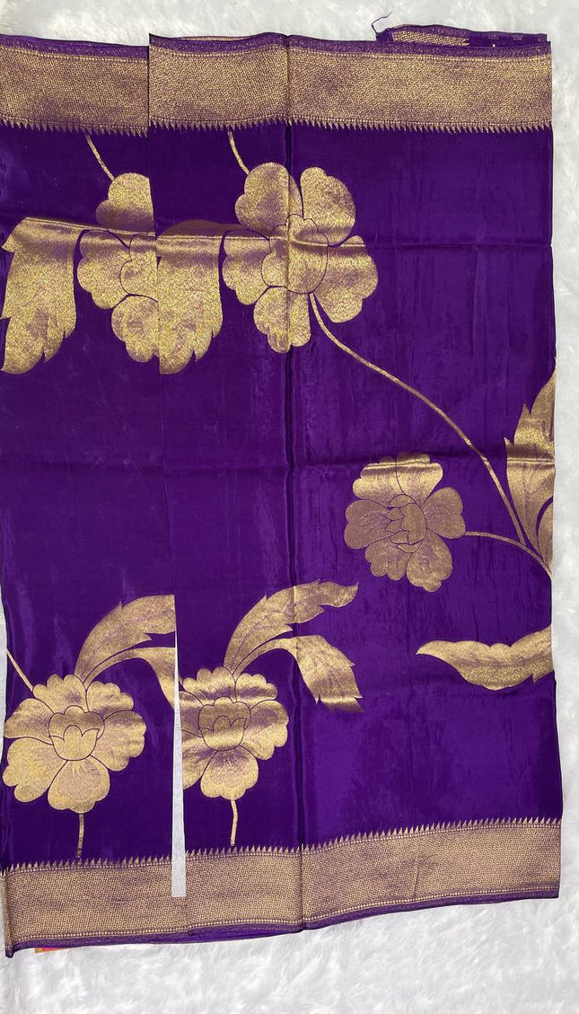Royal Violet Viscose Chinon Saree with Designer Zari Border|DS6