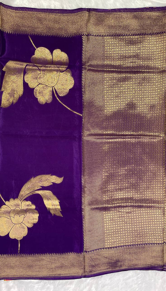 Royal Violet Viscose Chinon Saree with Designer Zari Border|DS6