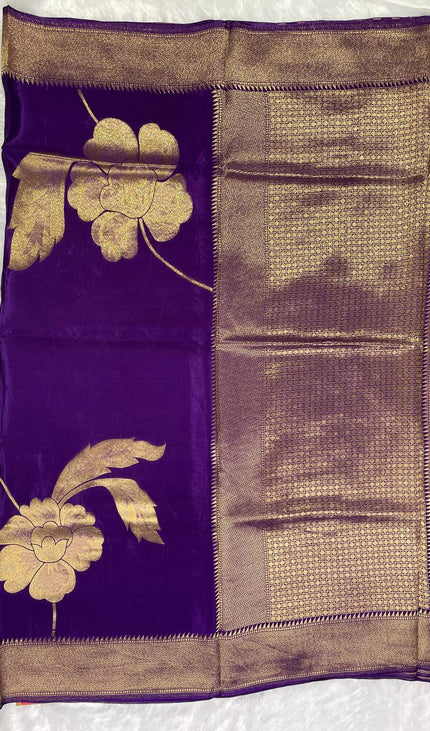 Royal Violet Viscose Chinon Saree with Designer Zari Border|DS6