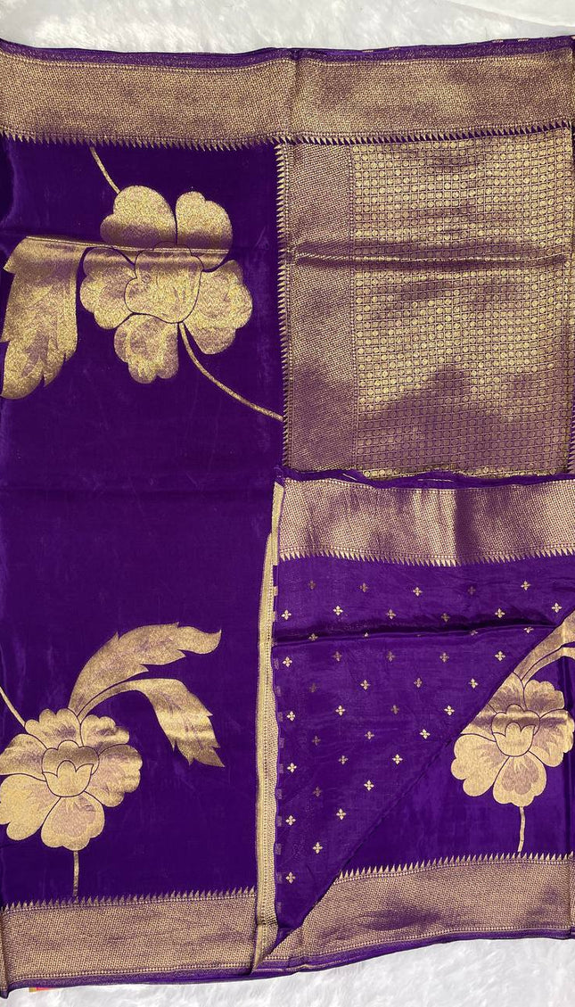 Royal Violet Viscose Chinon Saree with Designer Zari Border|DS6