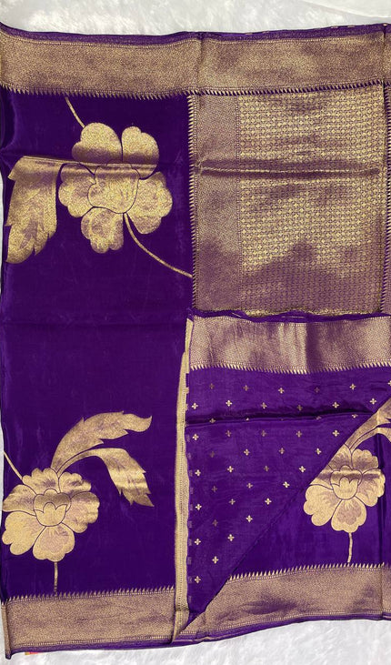 Royal Violet Viscose Chinon Saree with Designer Zari Border|DS6